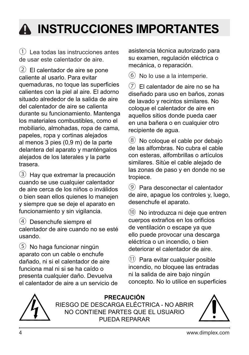 Instrucciones importantes | Dimplex Electralog Fireplace 7207250100R05 User Manual | Page 35 / 47