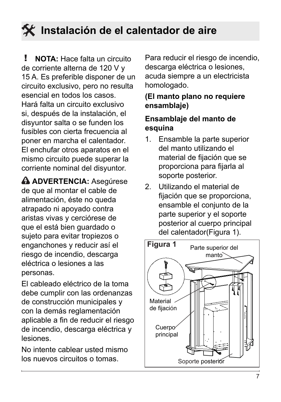 Instalación de el calentador de aire | Dimplex Electralog Fireplace 7207250100R05 User Manual | Page 38 / 47