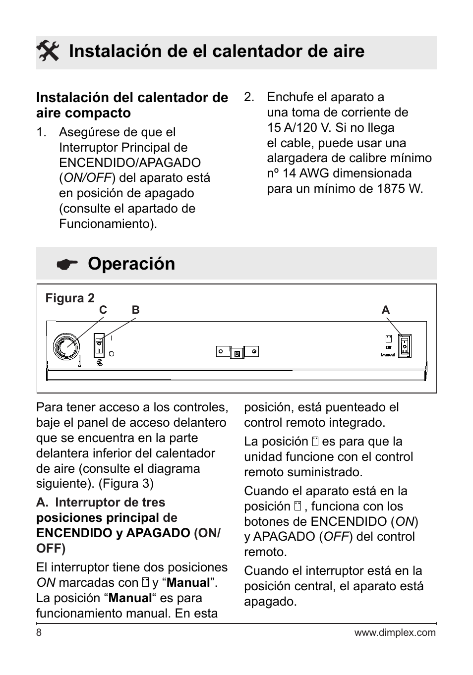 Operación, Instalación de el calentador de aire | Dimplex Electralog Fireplace 7207250100R05 User Manual | Page 39 / 47