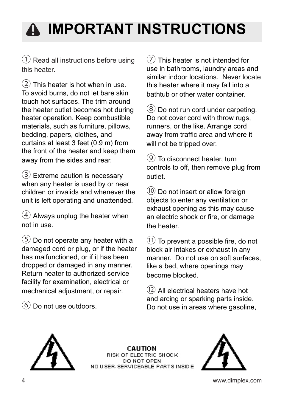 Important instructions | Dimplex Electralog Fireplace 7207250100R05 User Manual | Page 4 / 47