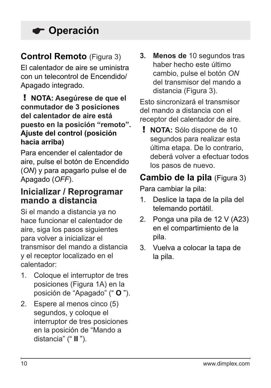 Operación, Control remoto, Inicializar / reprogramar mando a distancia | Cambio de la pila | Dimplex Electralog Fireplace 7207250100R05 User Manual | Page 41 / 47