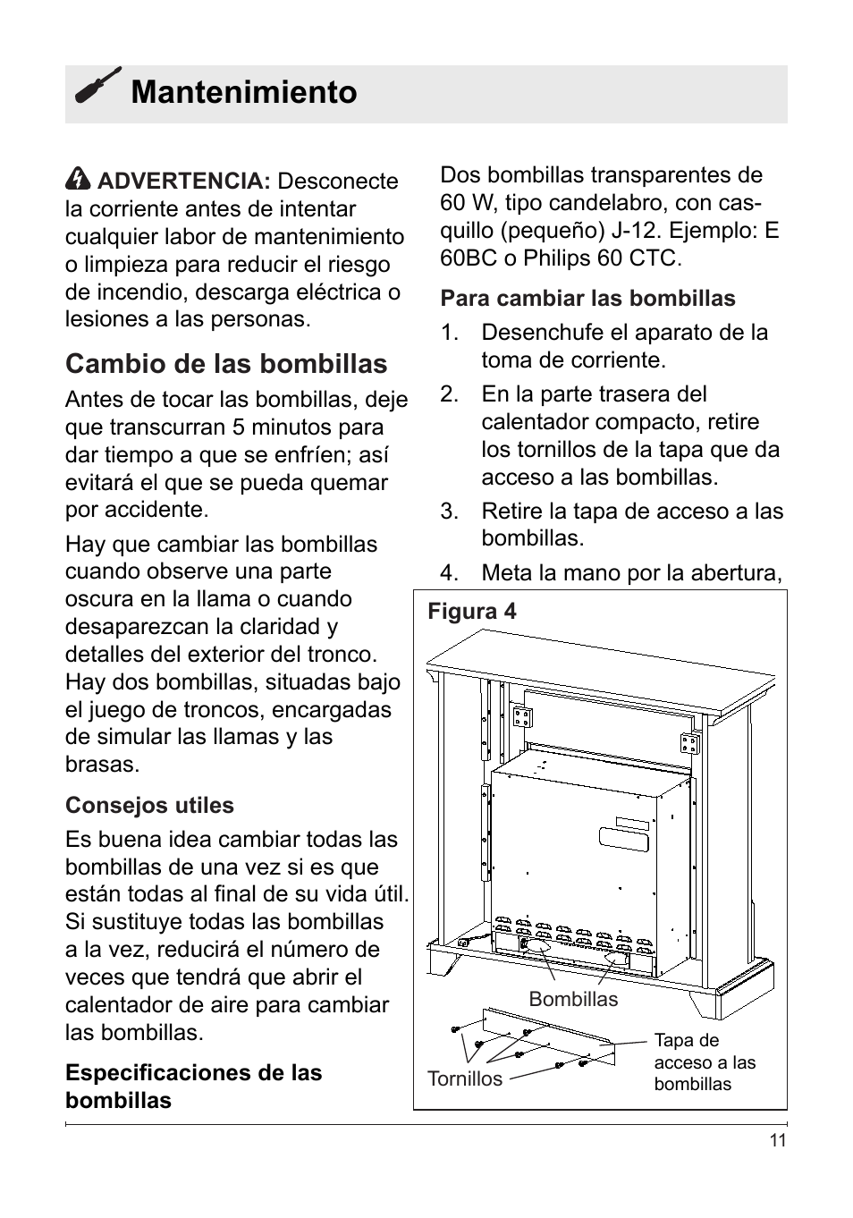 Mantenimiento, Cambio de las bombillas | Dimplex Electralog Fireplace 7207250100R05 User Manual | Page 42 / 47