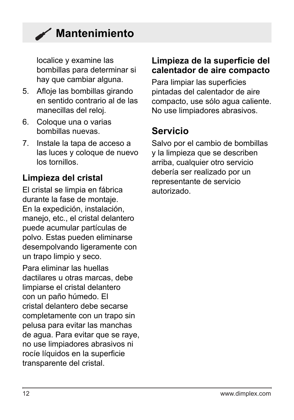 Mantenimiento, Servicio | Dimplex Electralog Fireplace 7207250100R05 User Manual | Page 43 / 47