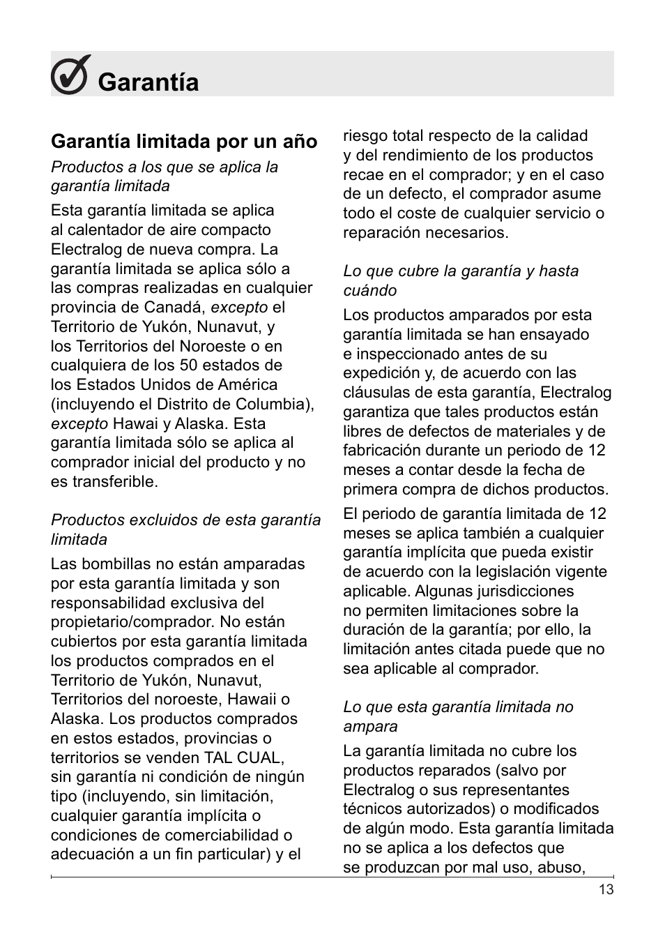 Garantía, Garantía limitada por un año | Dimplex Electralog Fireplace 7207250100R05 User Manual | Page 44 / 47