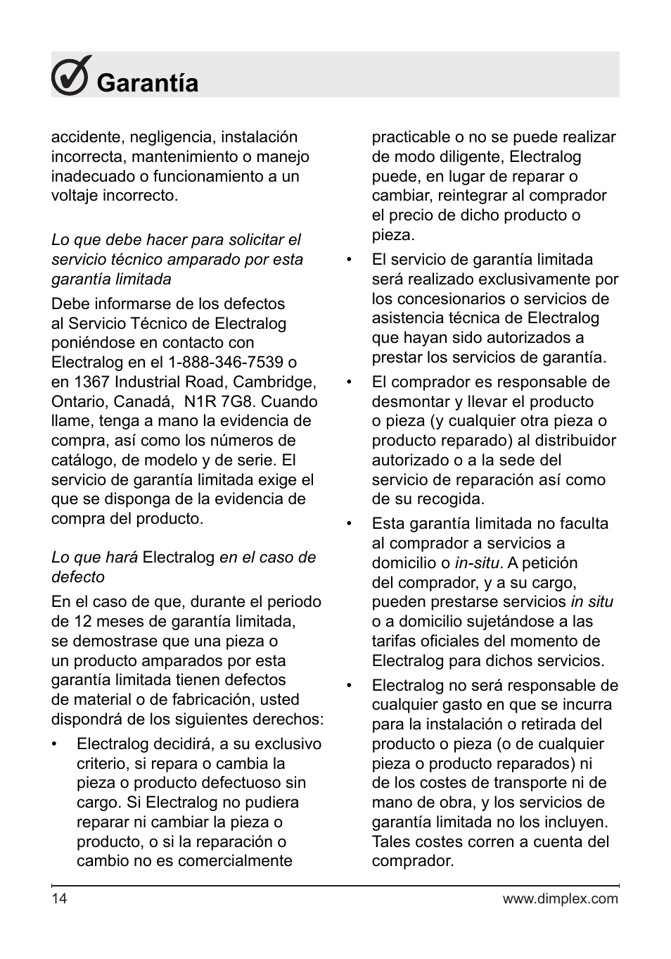 Garantía | Dimplex Electralog Fireplace 7207250100R05 User Manual | Page 45 / 47