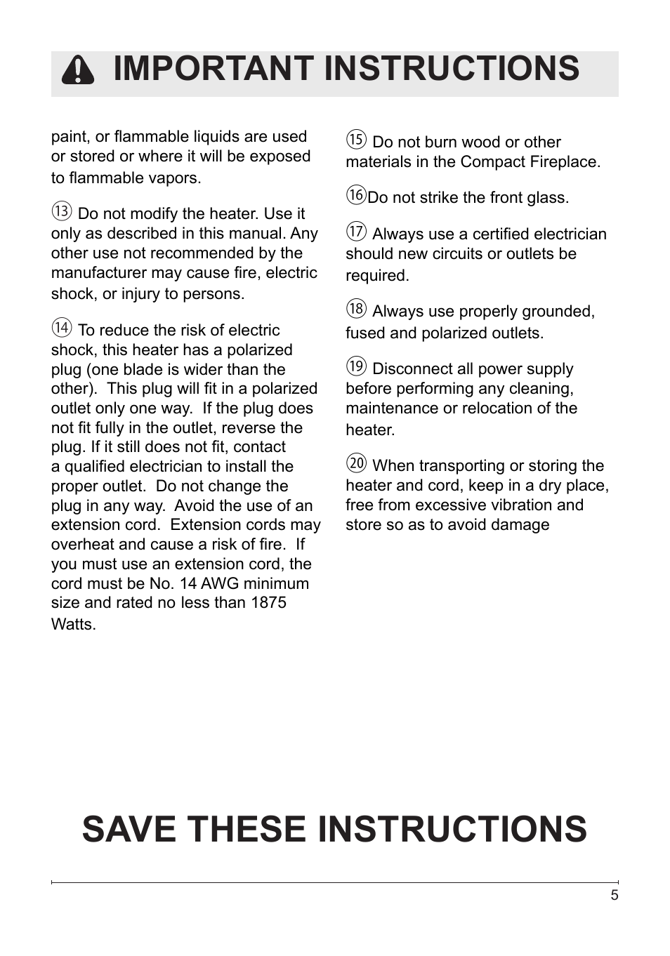 Save these instructions, Important instructions | Dimplex Electralog Fireplace 7207250100R05 User Manual | Page 5 / 47