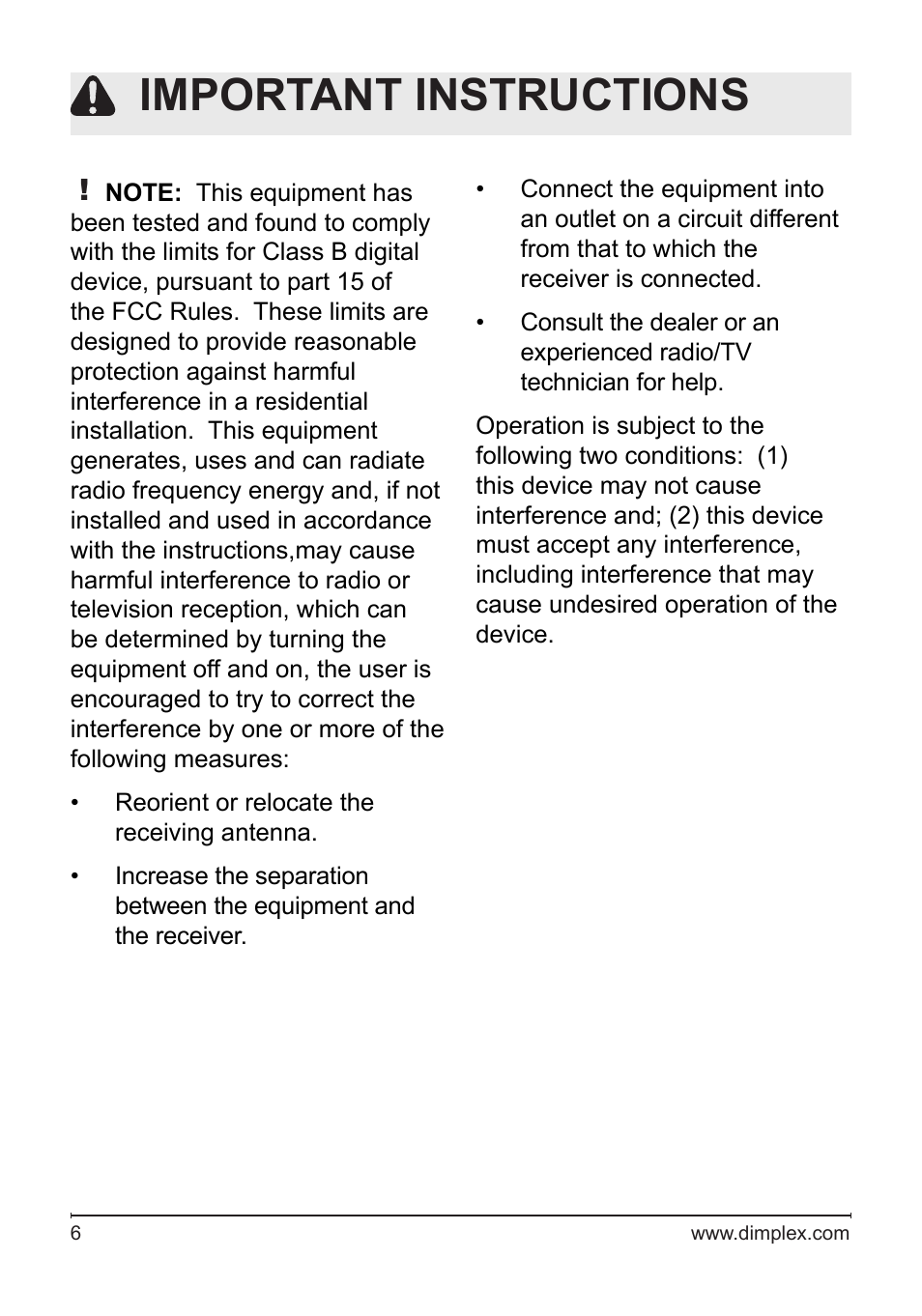 Important instructions | Dimplex Electralog Fireplace 7207250100R05 User Manual | Page 6 / 47