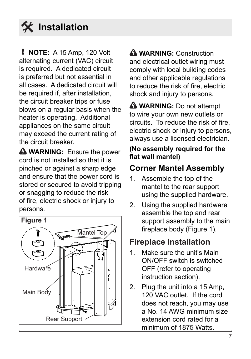 Installation, Corner mantel assembly, Fireplace installation | Dimplex Electralog Fireplace 7207250100R05 User Manual | Page 7 / 47