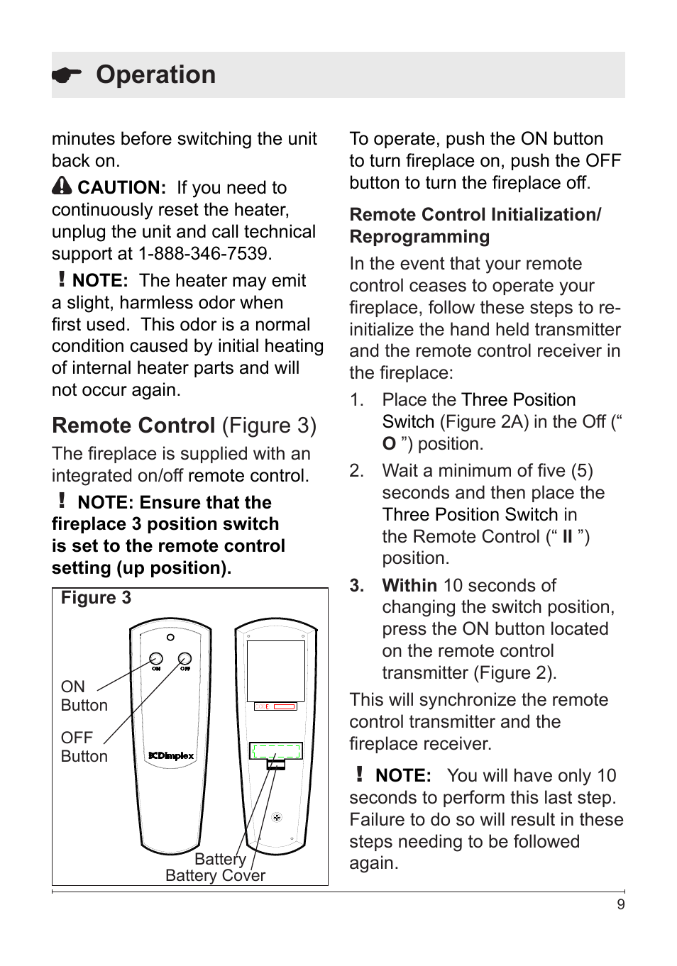 Operation, Remote control (figure 3) | Dimplex Electralog Fireplace 7207250100R05 User Manual | Page 9 / 47