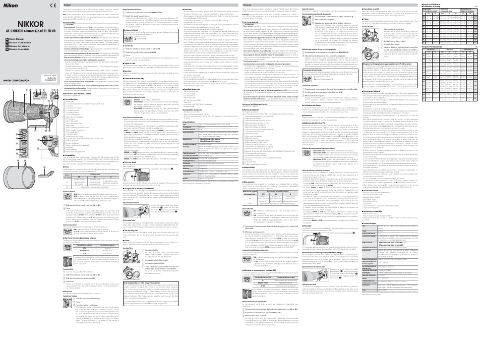 Nikon AF-S NIKKOR 400mm f/2.8E FL ED VR Lens User Manual | 2 pages