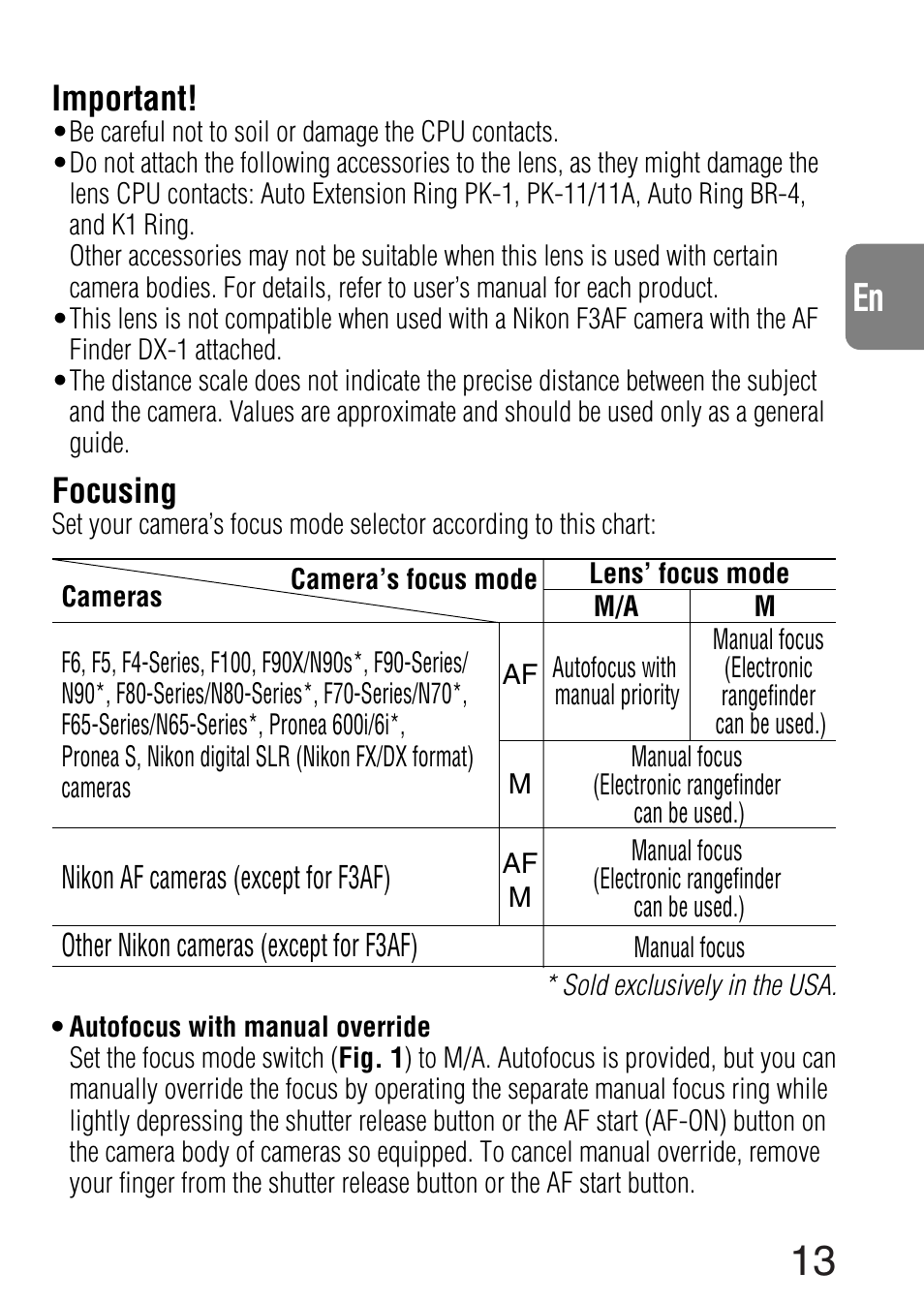 Ch jp de fr es it ck en, Important, Focusing | Nikon AF-S NIKKOR 300mm f/4D IF-ED Lens User Manual | Page 13 / 72