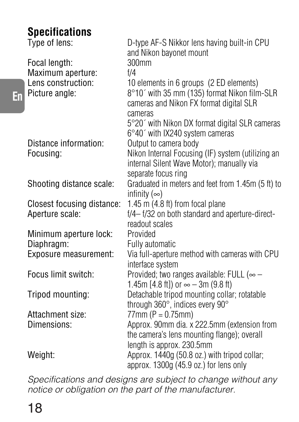 Ch jp de fr es it ck en, Specifications | Nikon AF-S NIKKOR 300mm f/4D IF-ED Lens User Manual | Page 18 / 72
