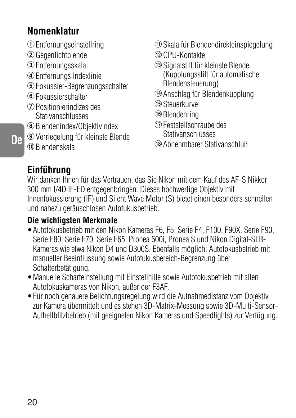 Ch jp en fr es it ck de, Einführung, Nomenklatur | Nikon AF-S NIKKOR 300mm f/4D IF-ED Lens User Manual | Page 20 / 72