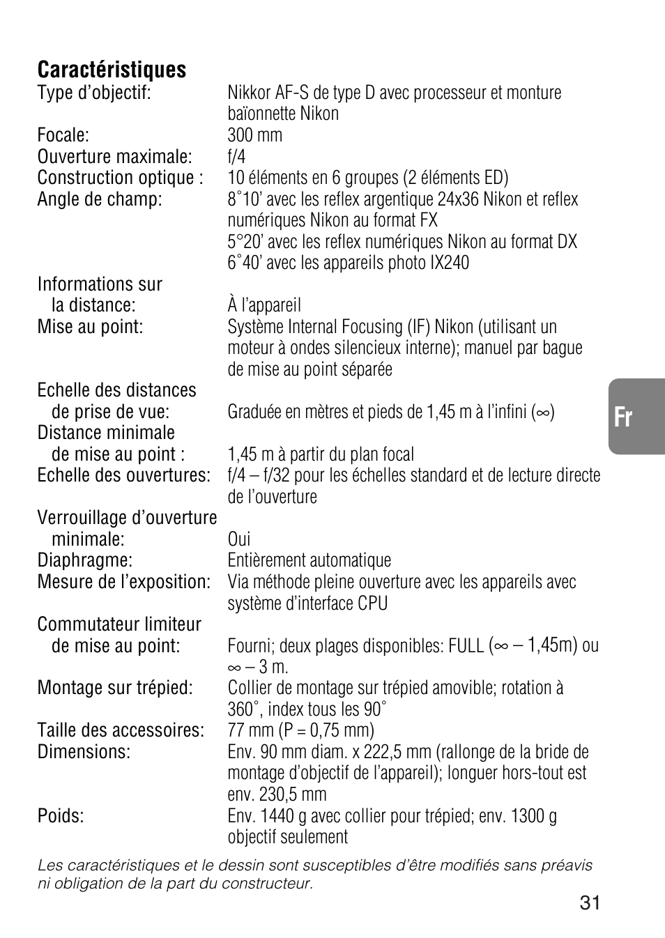 Ch jp en de es it ck fr | Nikon AF-S NIKKOR 300mm f/4D IF-ED Lens User Manual | Page 31 / 72