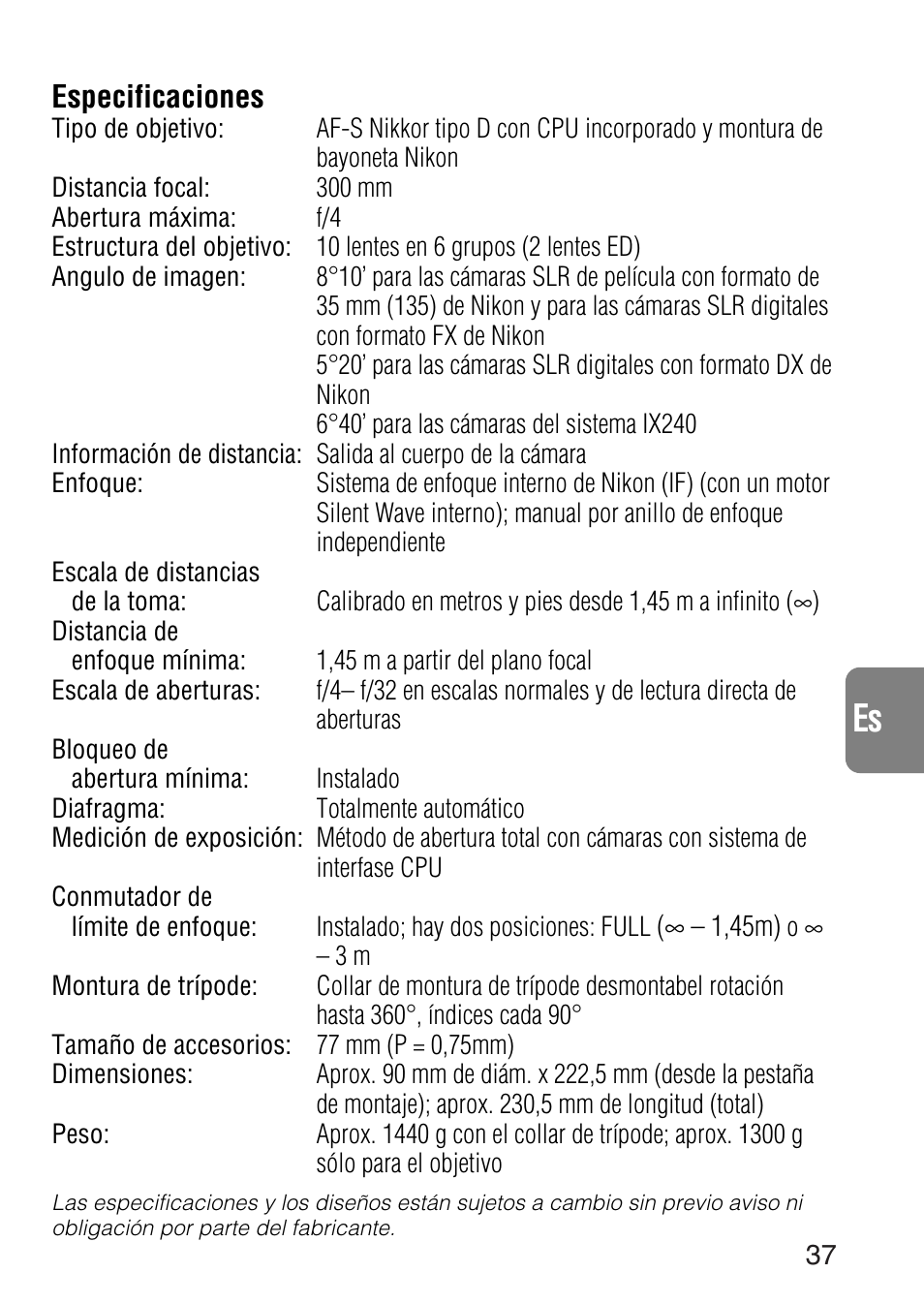 Ch jp en de fr it ck es | Nikon AF-S NIKKOR 300mm f/4D IF-ED Lens User Manual | Page 37 / 72