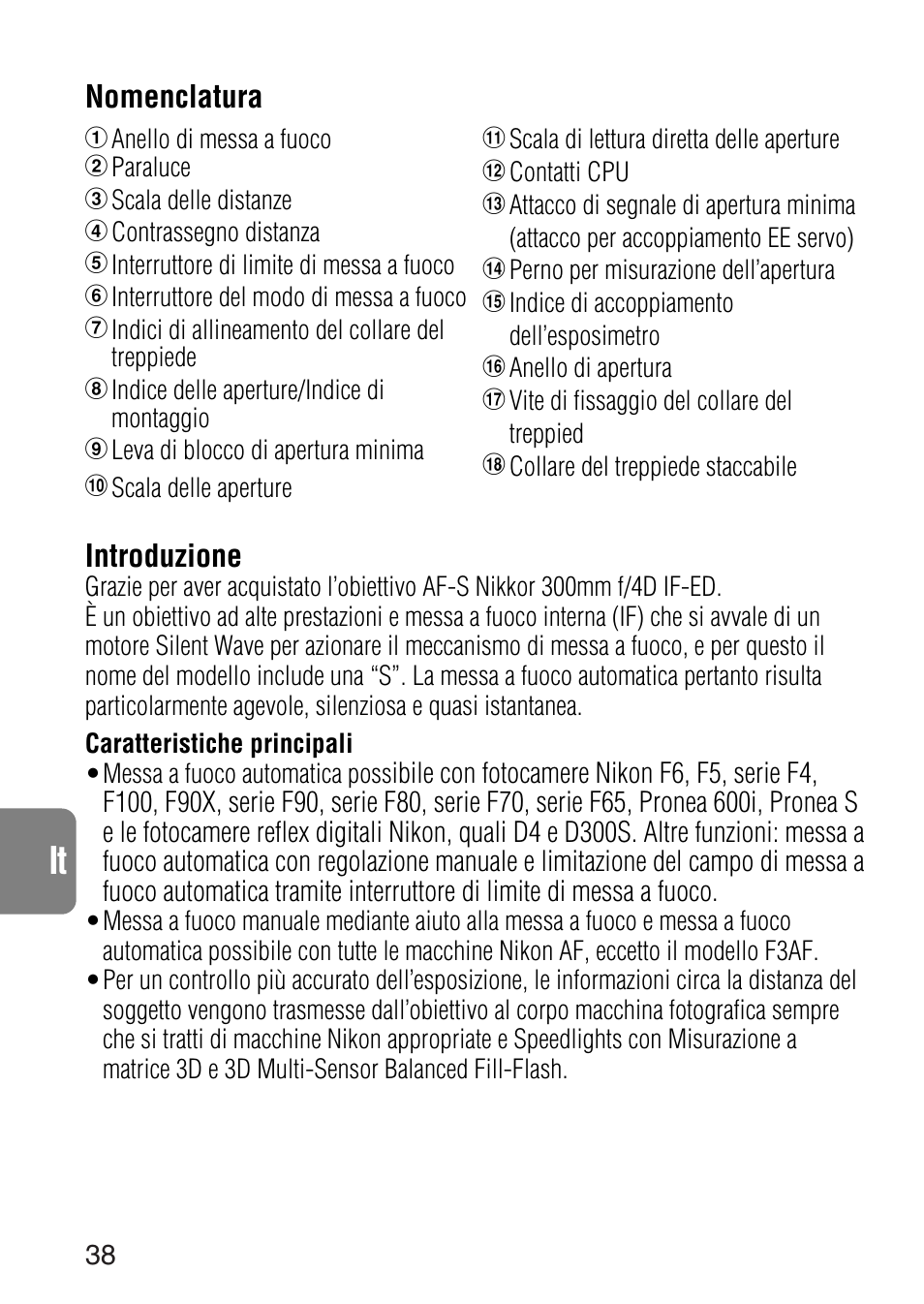 Ch jp en de fr es ck it, Introduzione, Nomenclatura | Nikon AF-S NIKKOR 300mm f/4D IF-ED Lens User Manual | Page 38 / 72