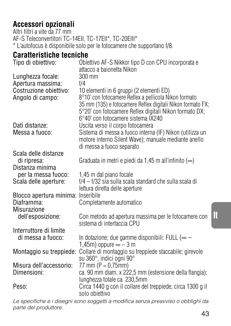 Ch jp en de fr es ck it | Nikon AF-S NIKKOR 300mm f/4D IF-ED Lens User Manual | Page 43 / 72