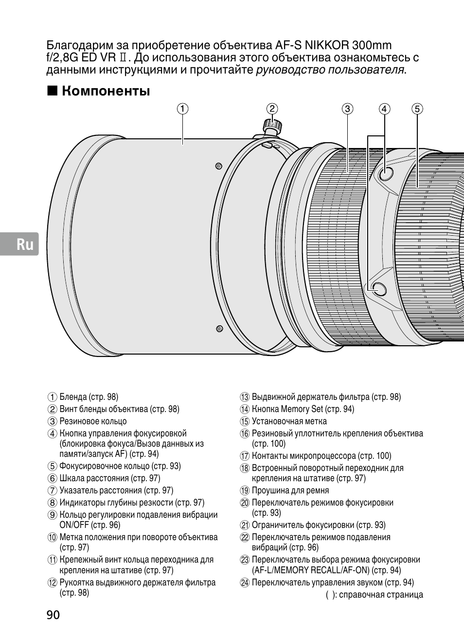 Jp en de fr es se ru nl it ck ch kr, Компоненты | Nikon AF-S NIKKOR 300mm f/2.8G ED VR II Lens User Manual | Page 90 / 212