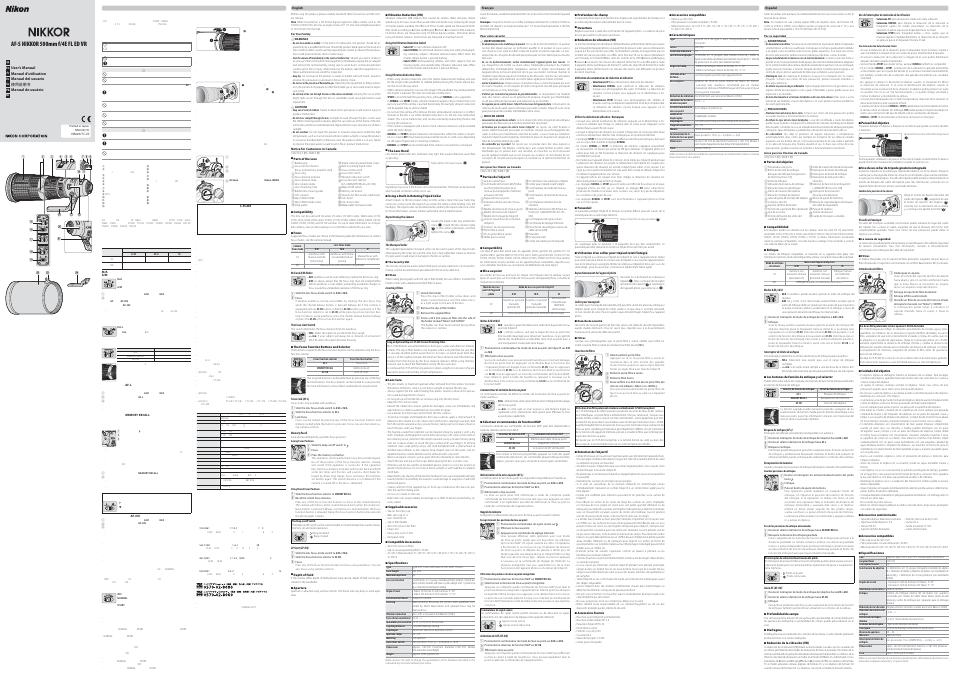 Nikon AF-S NIKKOR 500mm f/4E FL ED VR Lens User Manual | 2 pages