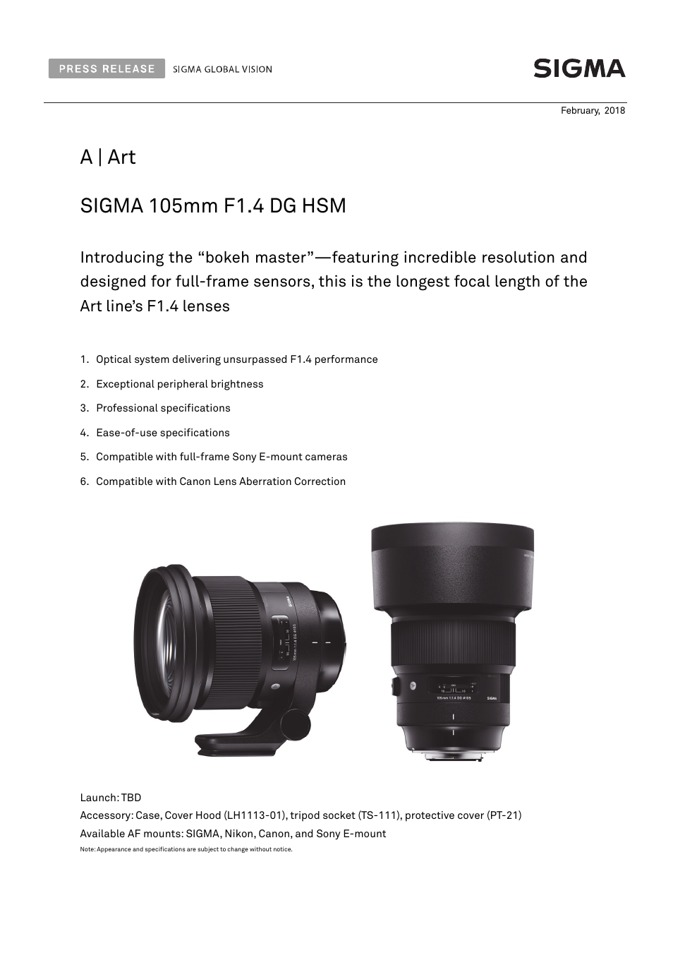 SIGMA 105mm f/1.4 DG HSM Art Lens for F User Manual | 5 pages