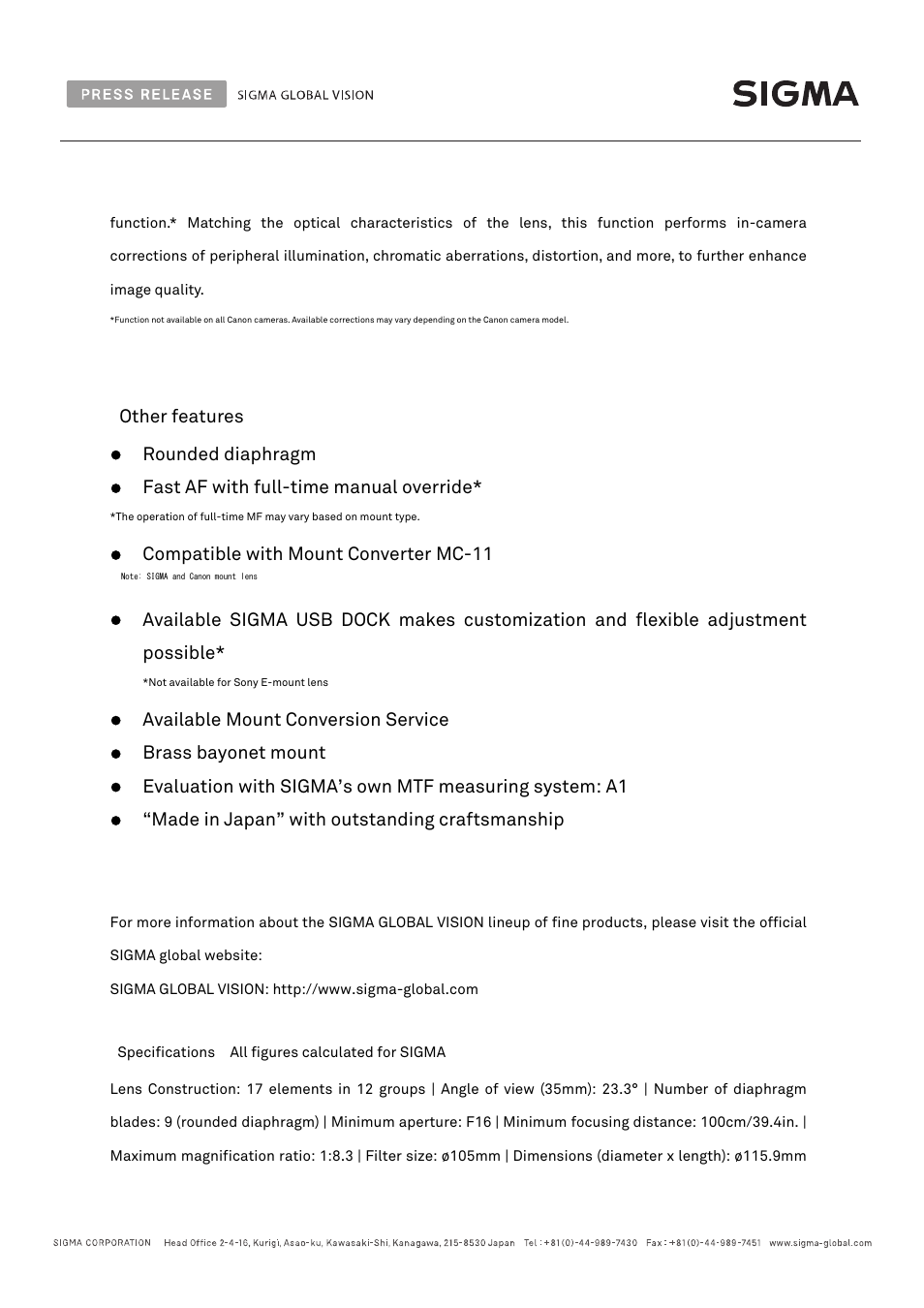 SIGMA 105mm f/1.4 DG HSM Art Lens for F User Manual | Page 4 / 5