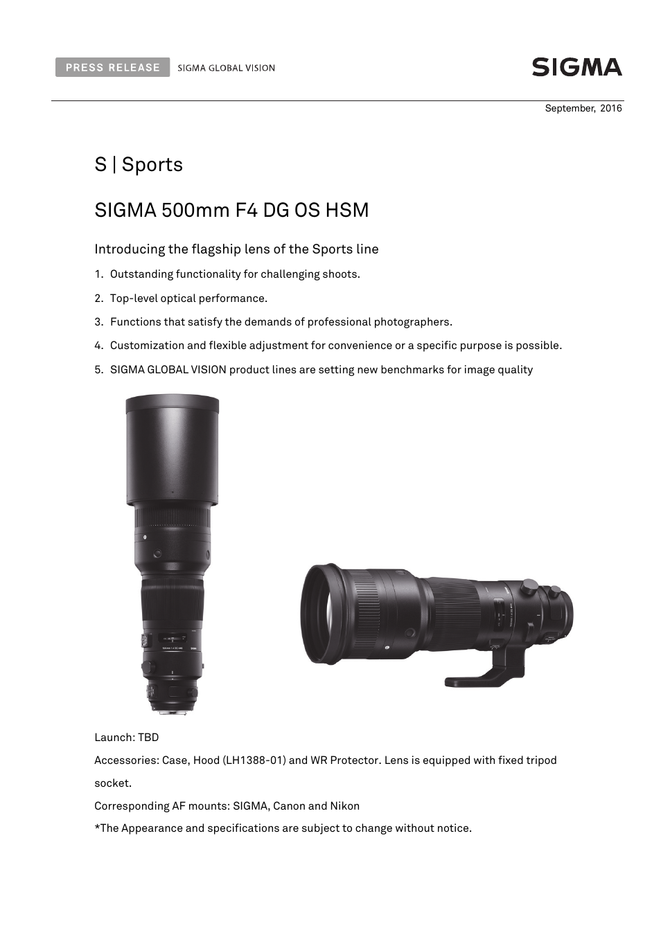 SIGMA 500mm f/4 DG OS HSM Sports Lens for F User Manual | 10 pages