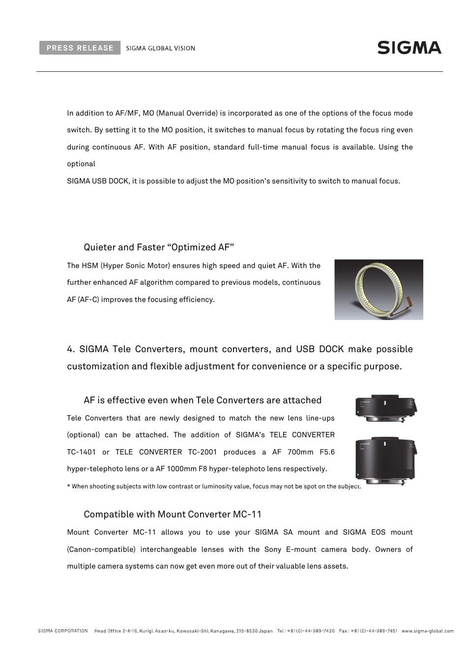Quieter and faster “optimized af, Compatible with mount converter mc-11 | SIGMA 500mm f/4 DG OS HSM Sports Lens for F User Manual | Page 7 / 10