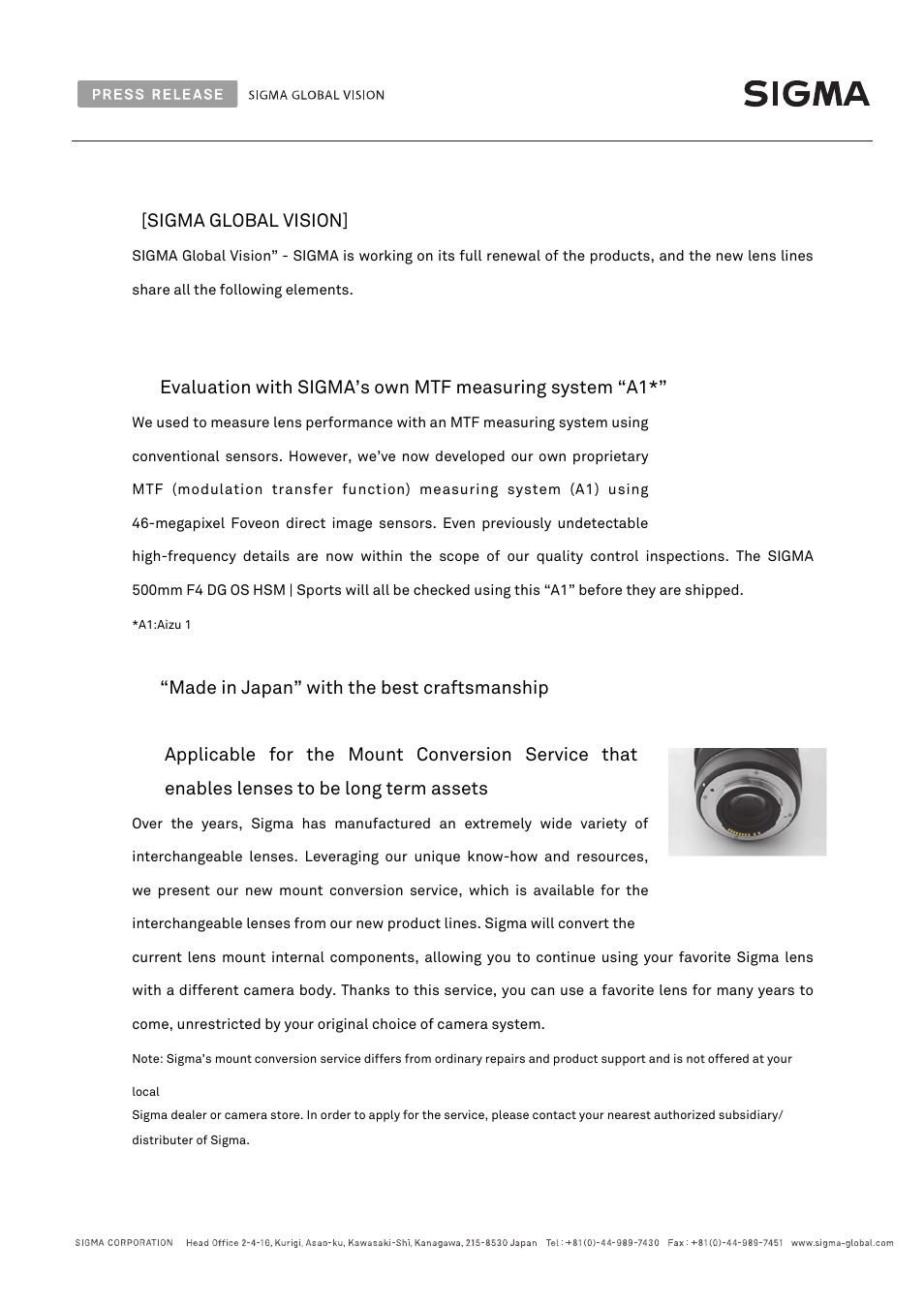 Sigma global vision, Made in japan” with the best craftsmanship | SIGMA 500mm f/4 DG OS HSM Sports Lens for F User Manual | Page 9 / 10