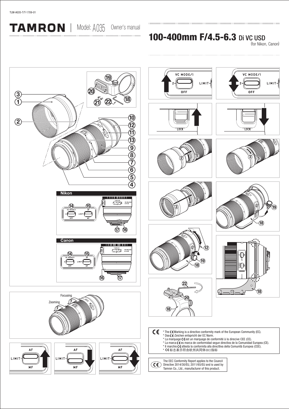 Tamron 100-400mm f/4.5-6.3 Di VC USD Lens for F User Manual | 4 pages