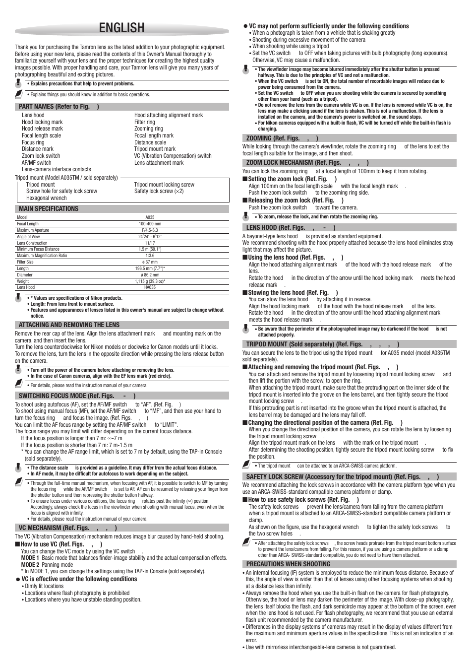 English | Tamron 100-400mm f/4.5-6.3 Di VC USD Lens for F User Manual | Page 2 / 4