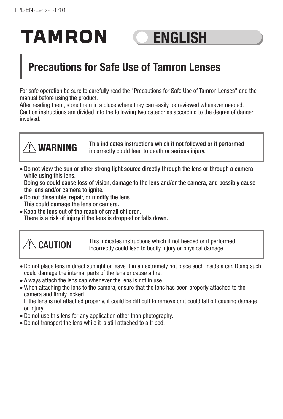 English, Precautions for safe use of tamron lenses, Warning | Caution | Tamron 100-400mm f/4.5-6.3 Di VC USD Lens for F User Manual | Page 4 / 4
