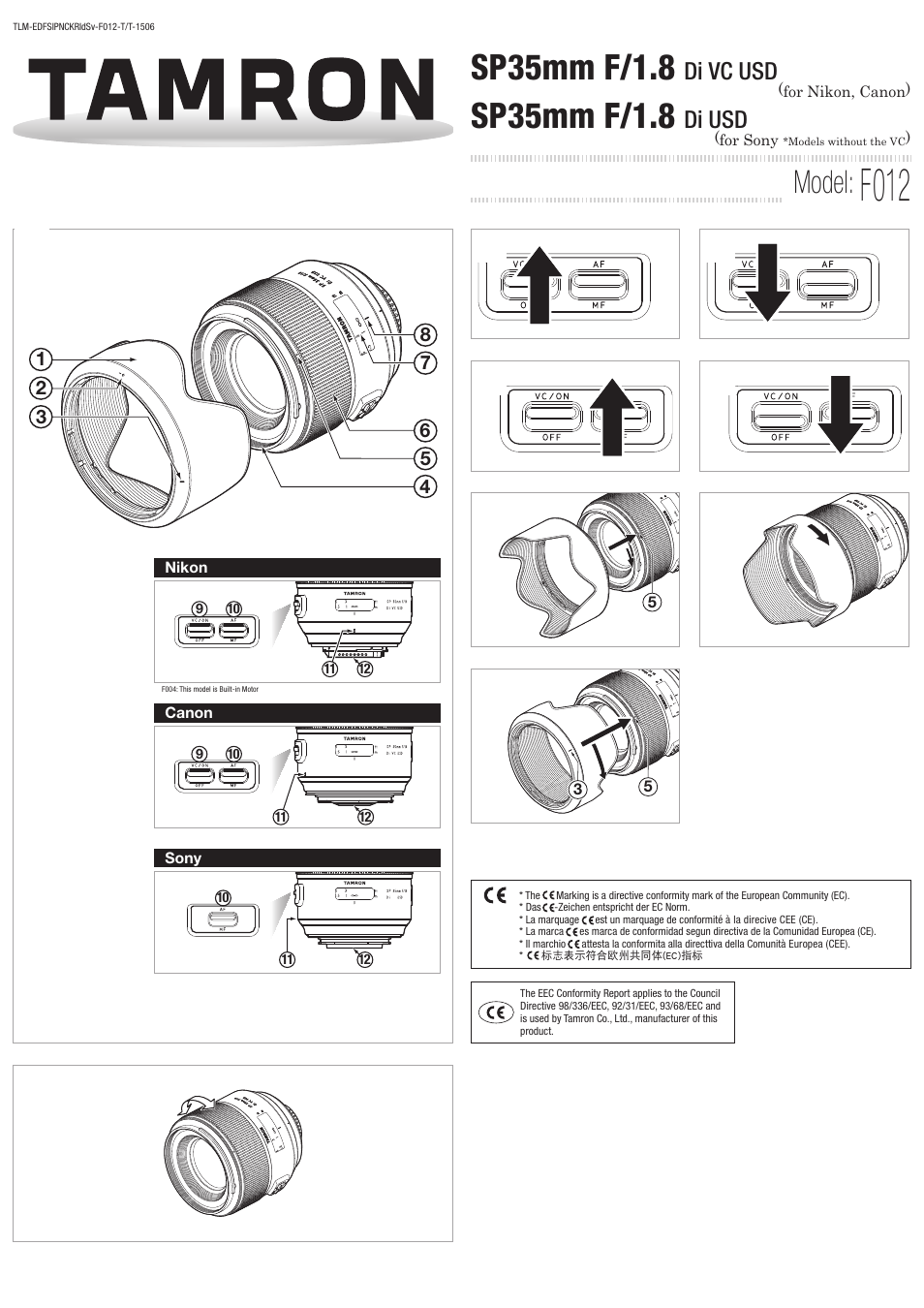 Tamron SP 35mm f/1.8 Di VC USD Lens for F User Manual | 3 pages