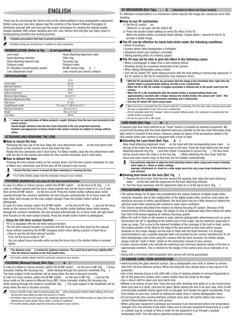 12_f012_a4m_gb, English | Tamron SP 35mm f/1.8 Di VC USD Lens for F User Manual | Page 2 / 3