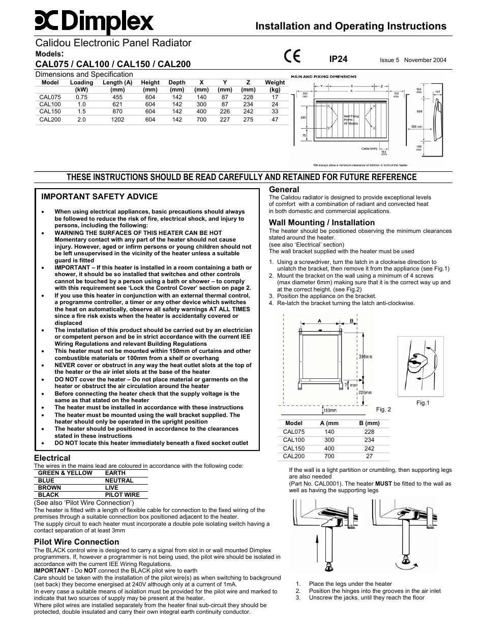 Dimplex CAL200 User Manual | 2 pages