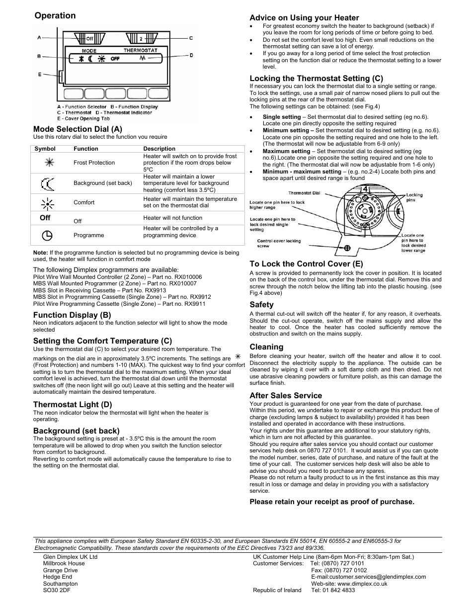 Operation, Function display (b), Setting the comfort temperature (c) | Advice on using your heater, Locking the thermostat setting (c), Safety, Cleaning, After sales service, Mode selection dial (a), Thermostat light (d) | Dimplex CAL200 User Manual | Page 2 / 2