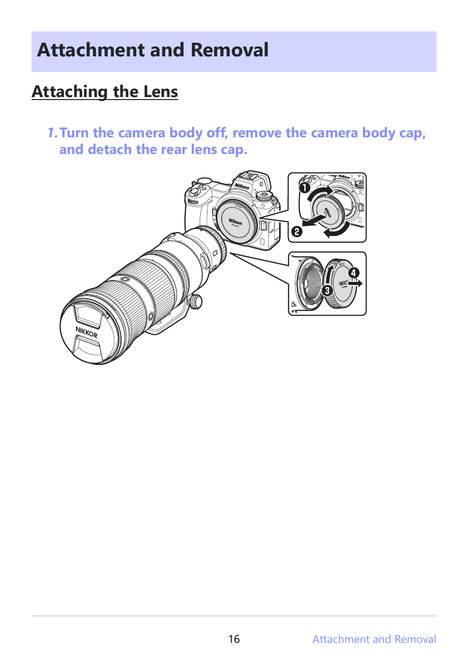 Attachment and removal, Attaching the lens | Nikon NIKKOR Z 180-600mm f/5.6-6.3 VR Lens (Z) User Manual | Page 16 / 42