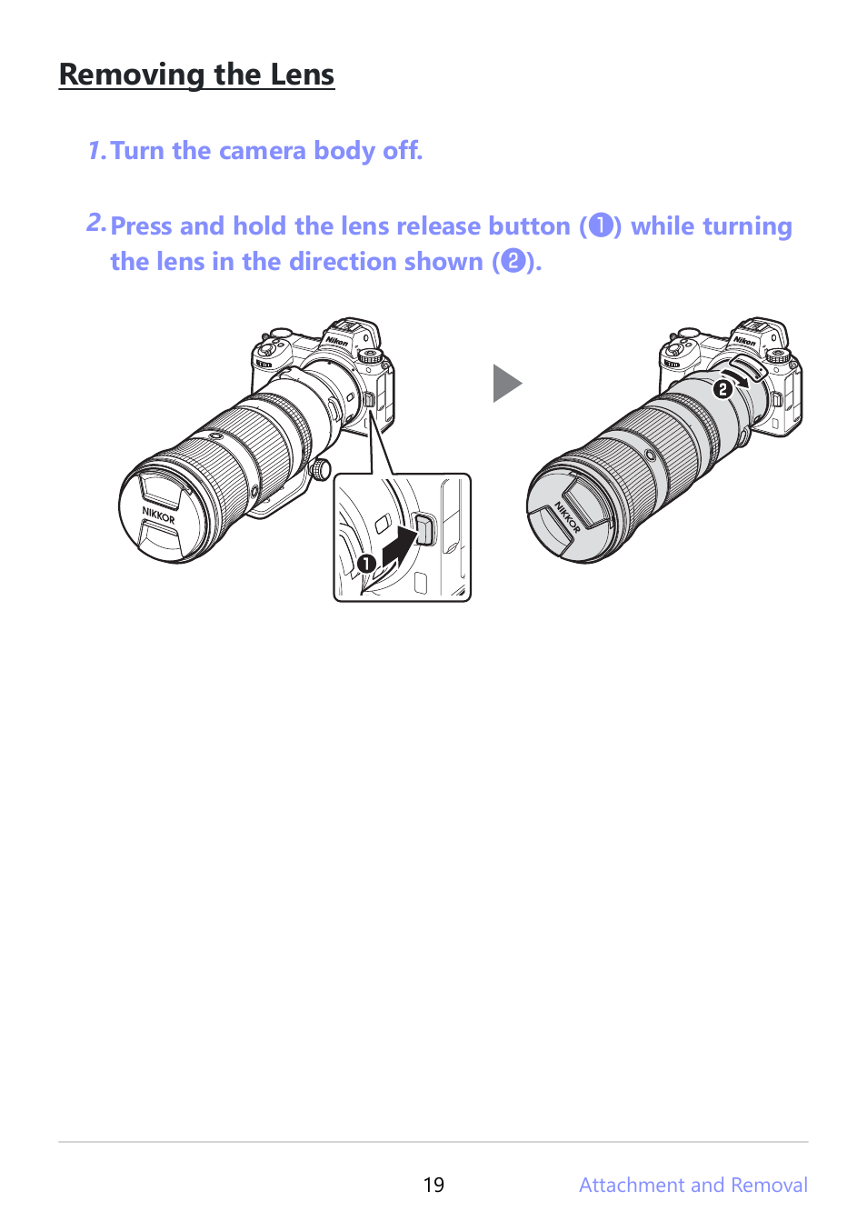 Removing the lens | Nikon NIKKOR Z 180-600mm f/5.6-6.3 VR Lens (Z) User Manual | Page 19 / 42