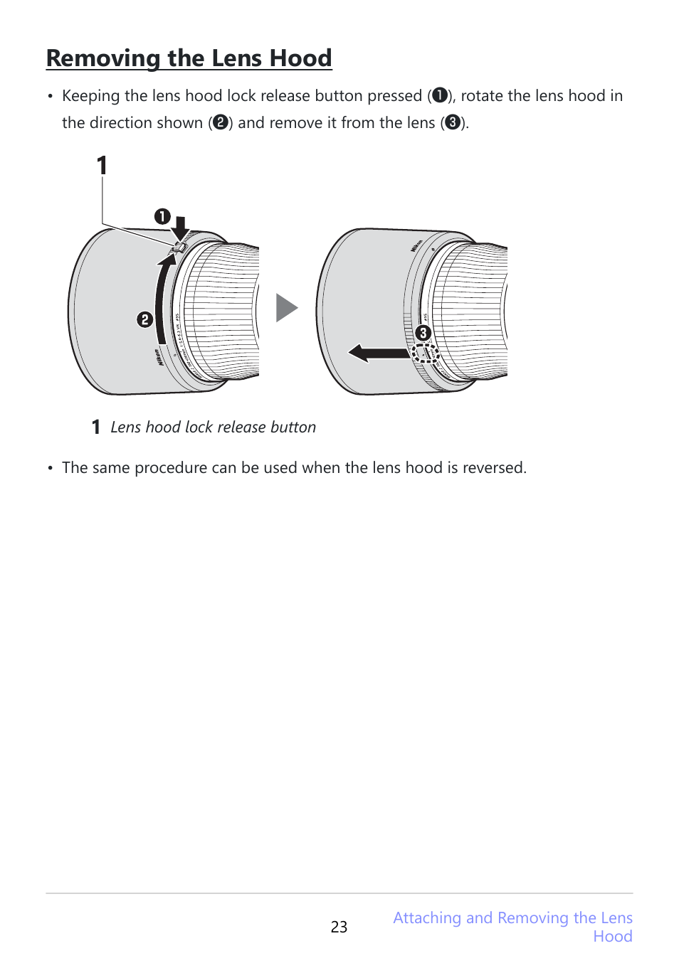 Removing the lens hood | Nikon NIKKOR Z 180-600mm f/5.6-6.3 VR Lens (Z) User Manual | Page 23 / 42