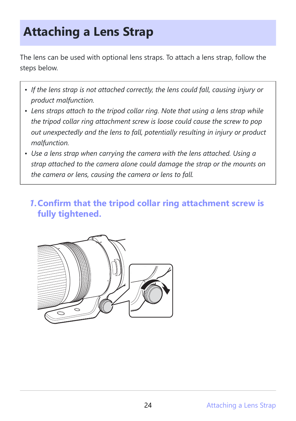 Attaching a lens strap | Nikon NIKKOR Z 180-600mm f/5.6-6.3 VR Lens (Z) User Manual | Page 24 / 42