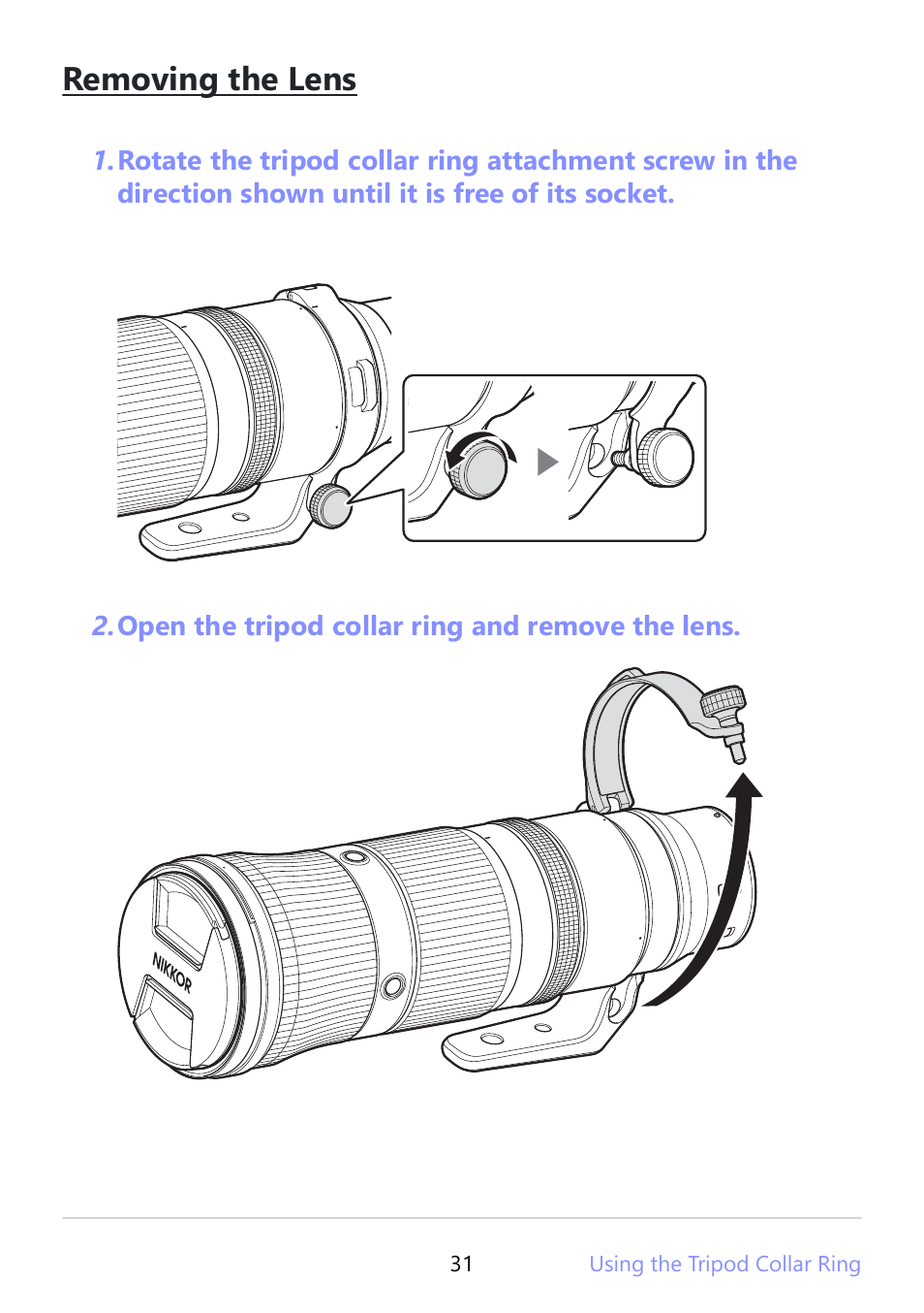 Removing the lens | Nikon NIKKOR Z 180-600mm f/5.6-6.3 VR Lens (Z) User Manual | Page 31 / 42