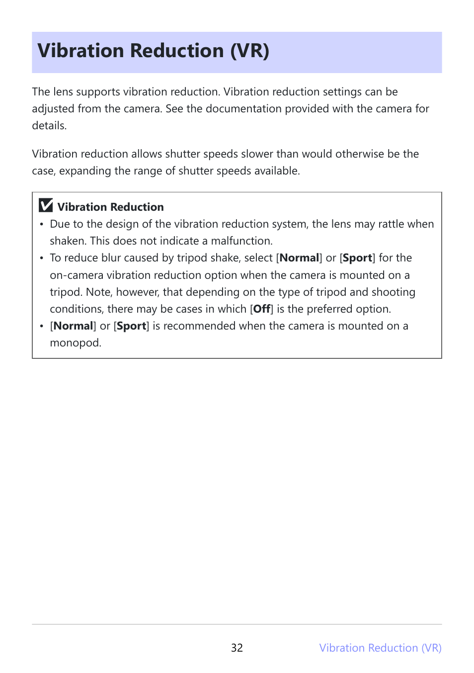 Vibration reduction (vr) | Nikon NIKKOR Z 180-600mm f/5.6-6.3 VR Lens (Z) User Manual | Page 32 / 42