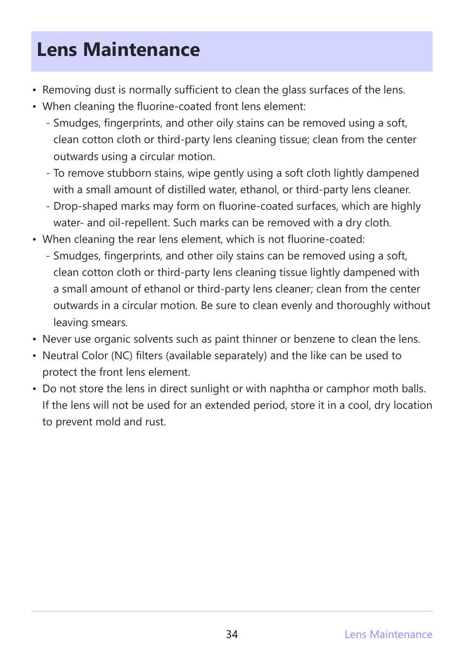 Lens maintenance | Nikon NIKKOR Z 180-600mm f/5.6-6.3 VR Lens (Z) User Manual | Page 34 / 42