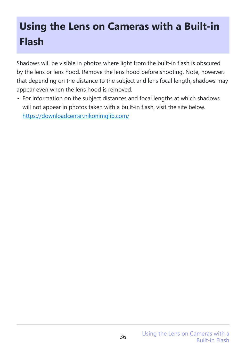 Using the lens on cameras with a built-in flash | Nikon NIKKOR Z 180-600mm f/5.6-6.3 VR Lens (Z) User Manual | Page 36 / 42