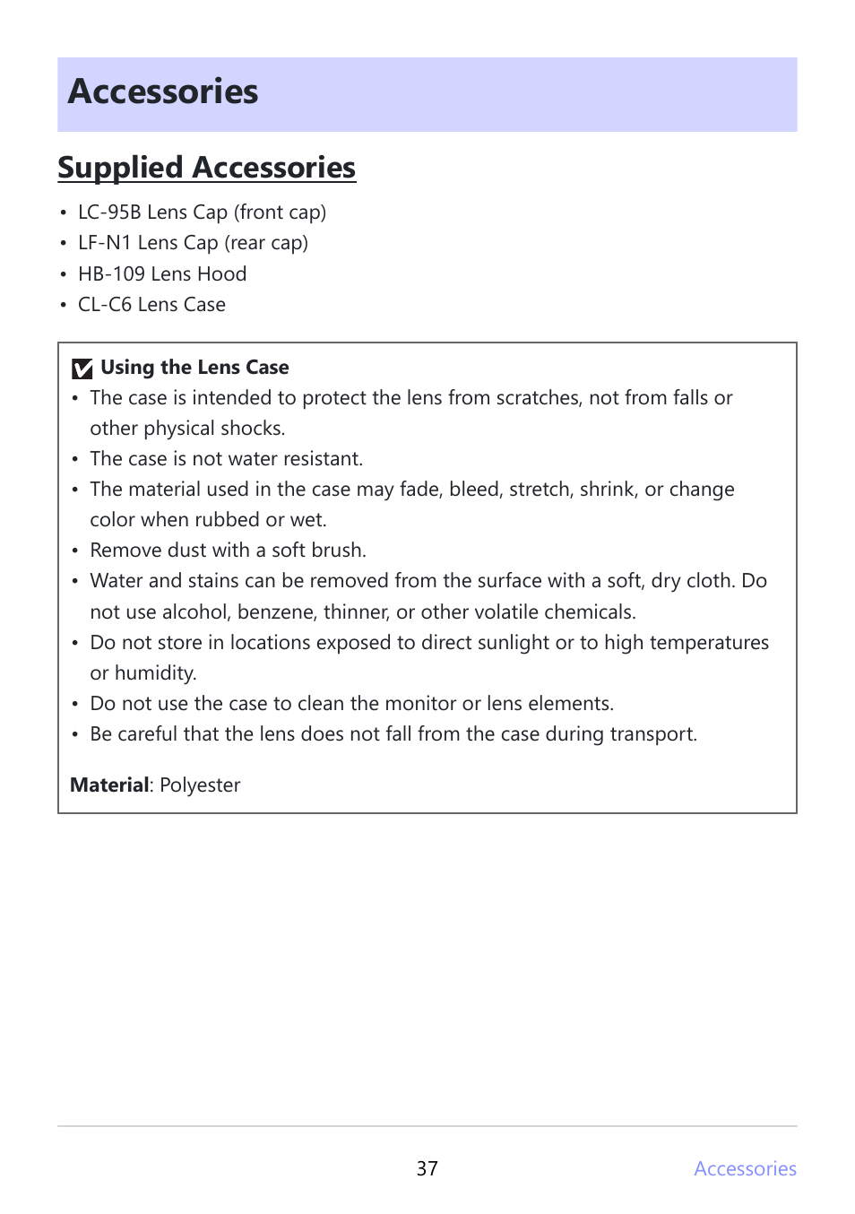 Accessories, Supplied accessories | Nikon NIKKOR Z 180-600mm f/5.6-6.3 VR Lens (Z) User Manual | Page 37 / 42