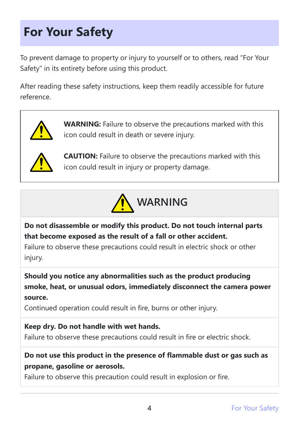 For your safety, Warning | Nikon NIKKOR Z 180-600mm f/5.6-6.3 VR Lens (Z) User Manual | Page 4 / 42