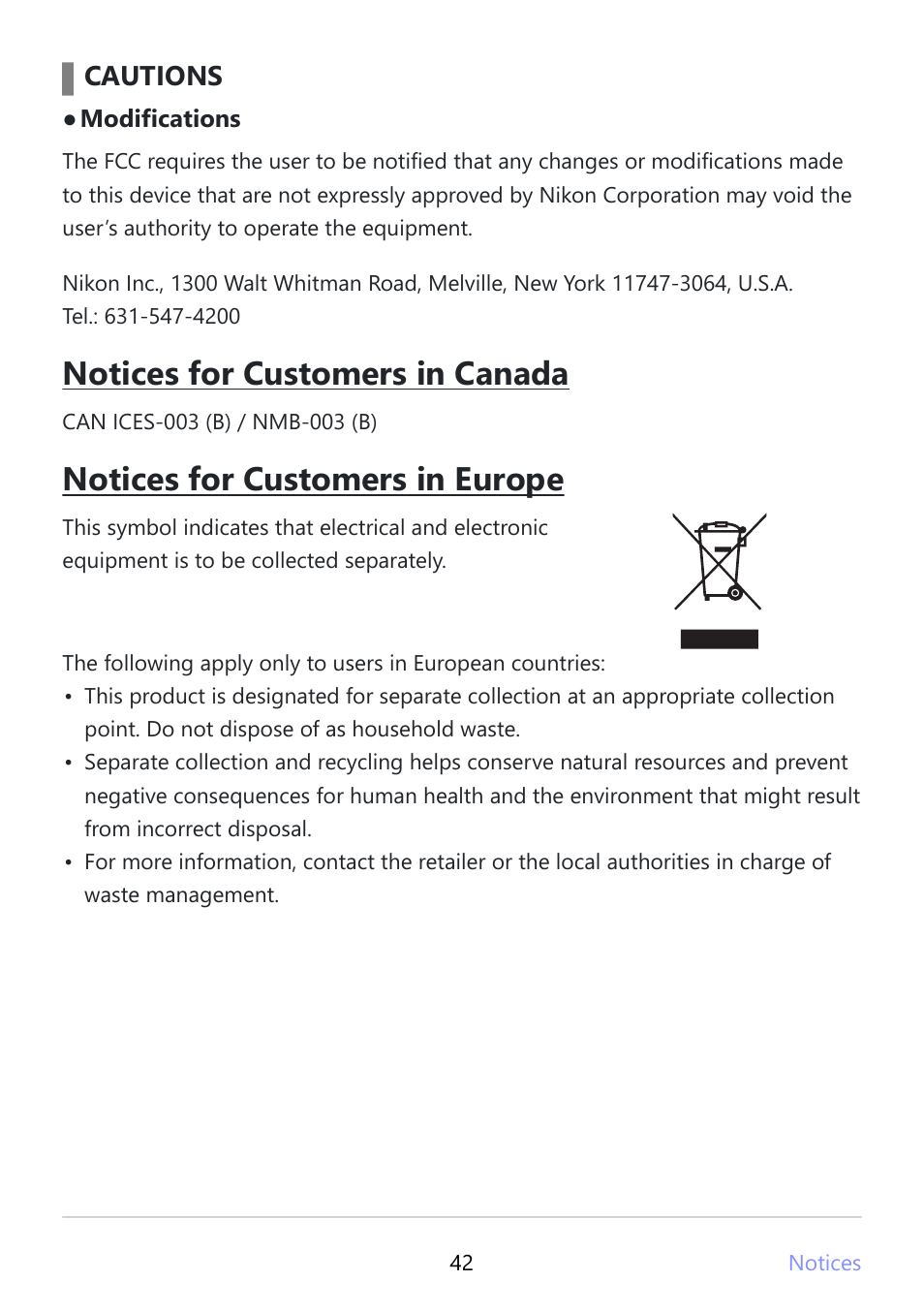 Notices for customers in canada, Notices for customers in europe, Cautions | Nikon NIKKOR Z 180-600mm f/5.6-6.3 VR Lens (Z) User Manual | Page 42 / 42