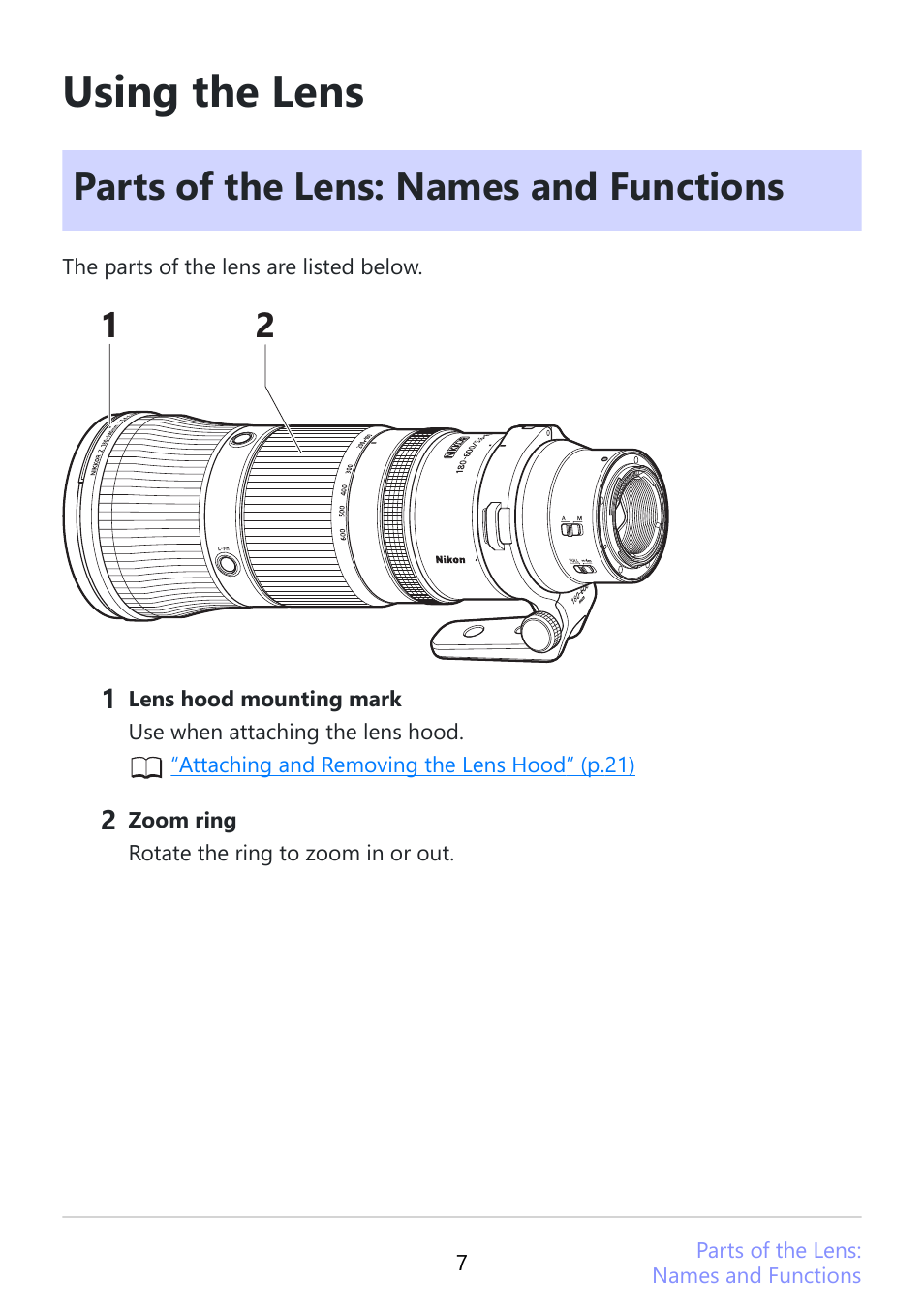 Using the lens, Parts of the lens: names and functions | Nikon NIKKOR Z 180-600mm f/5.6-6.3 VR Lens (Z) User Manual | Page 7 / 42