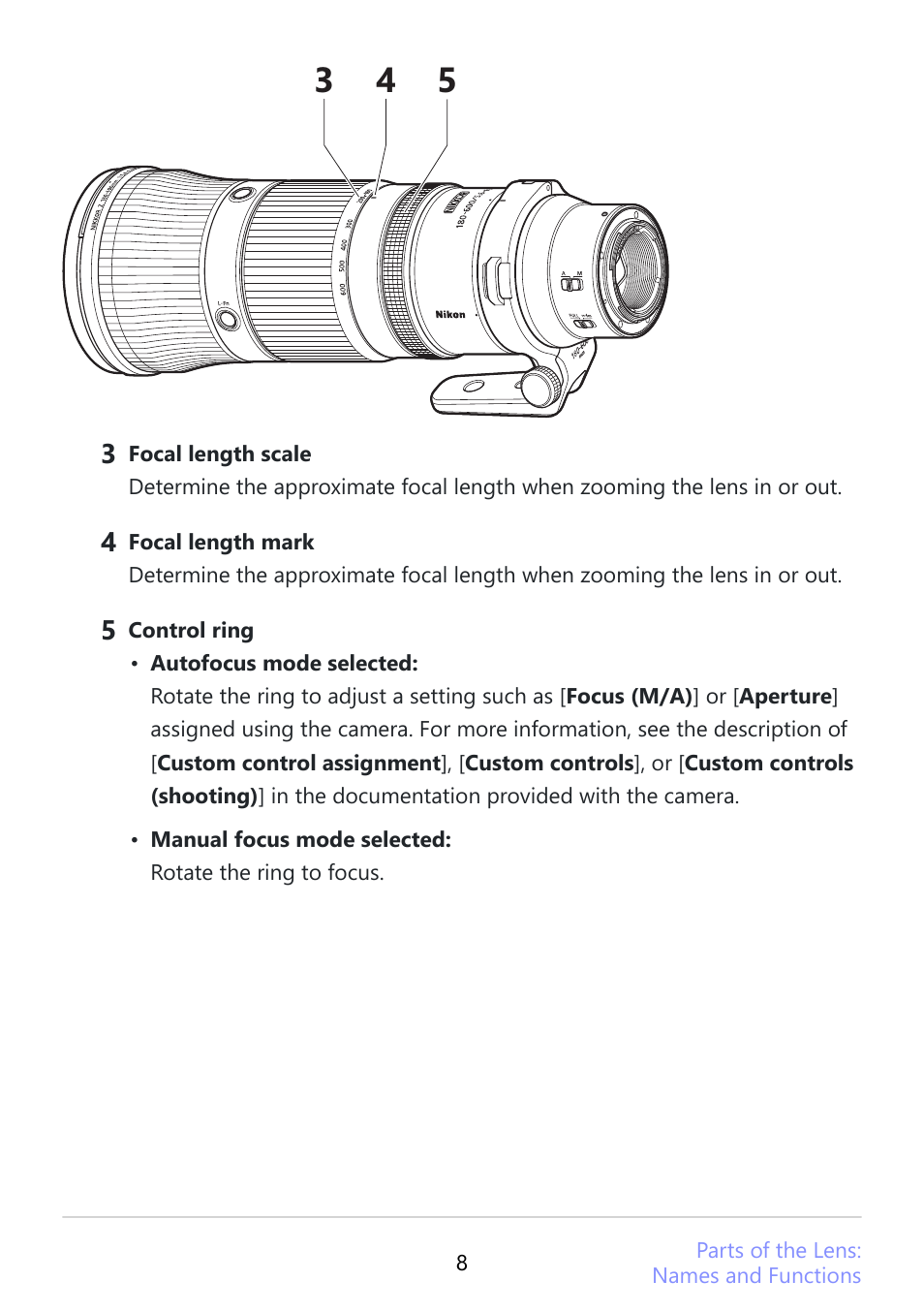 Nikon NIKKOR Z 180-600mm f/5.6-6.3 VR Lens (Z) User Manual | Page 8 / 42