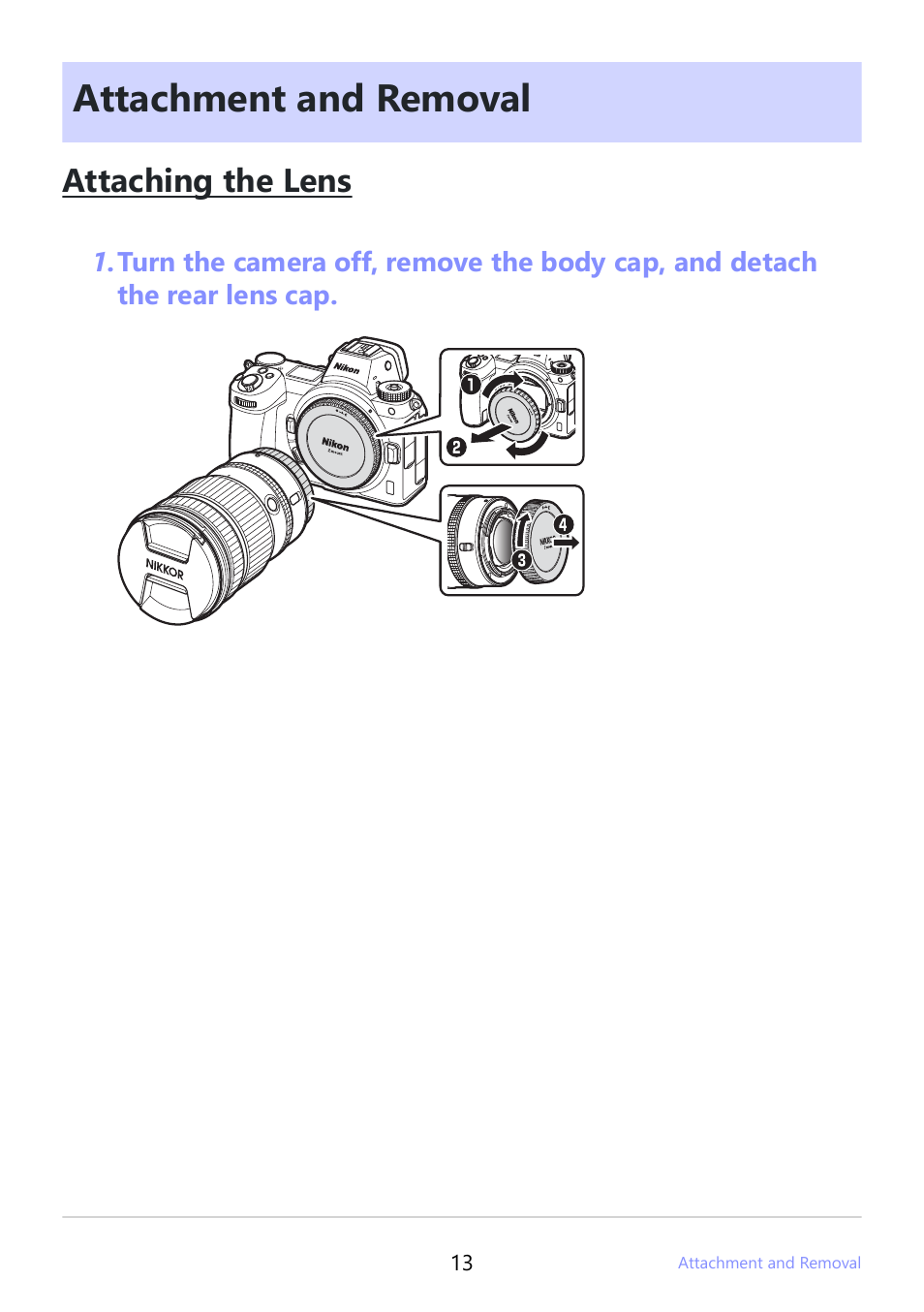 Attachment and removal, Attaching the lens | Nikon NIKKOR Z 24-120mm f/4 S Lens (Z) User Manual | Page 13 / 27