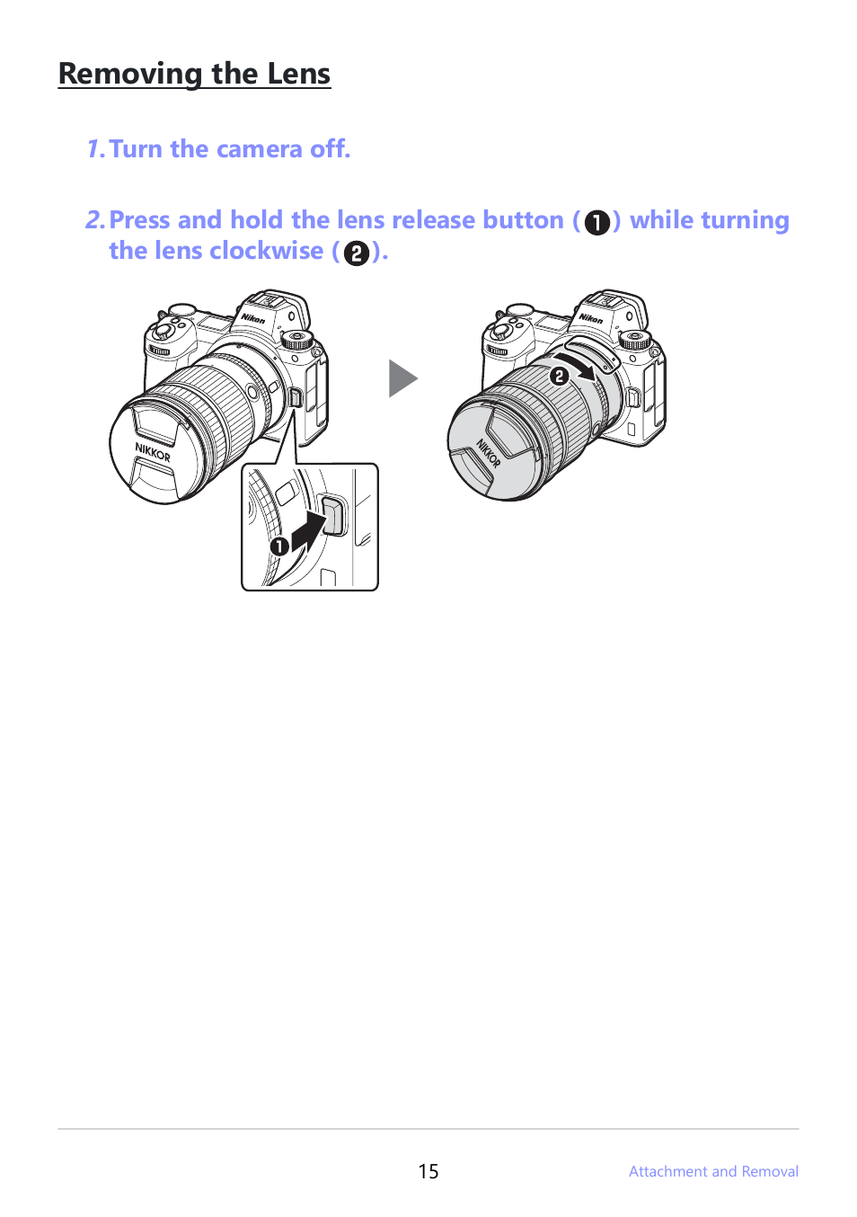 Removing the lens | Nikon NIKKOR Z 24-120mm f/4 S Lens (Z) User Manual | Page 15 / 27